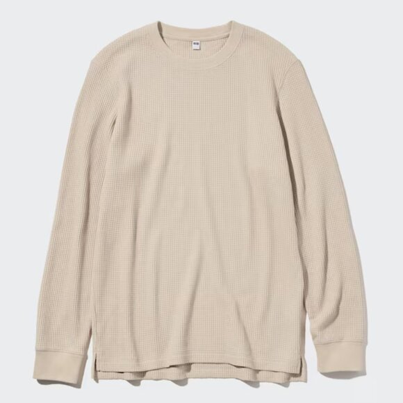 Uniqlo Textured Sweater Medium Waffle Crewneck Natural Beige Long Sleeve Shirt - Picture 1 of 10